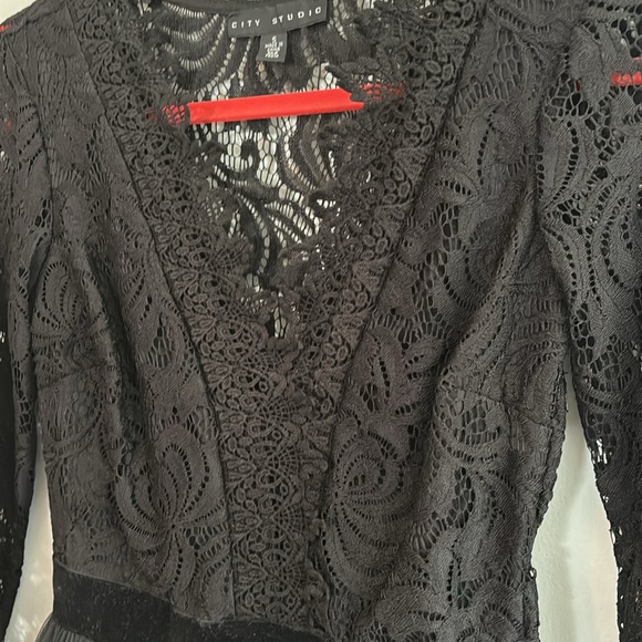 City Studio Juniors open lace 3/4 sleeve mini black cocktail dress w/ full skirt - Picture 3 of 11